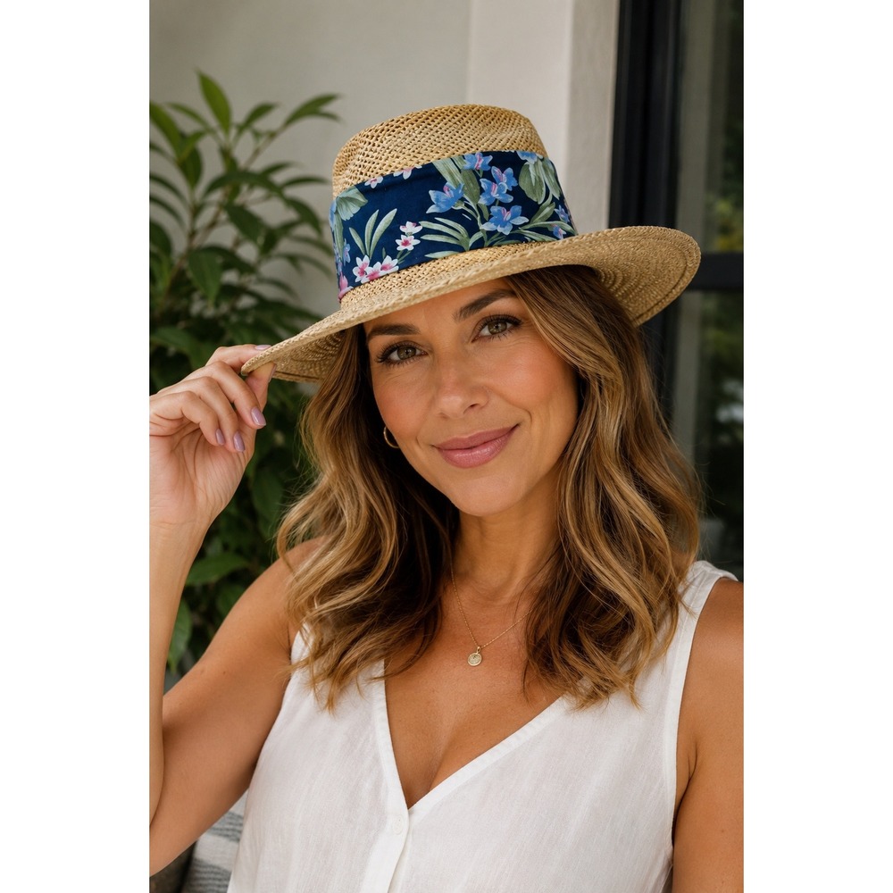 Here's Fred‎ Straw Fedora Hat Women's Tan Good Floral Band Golf
